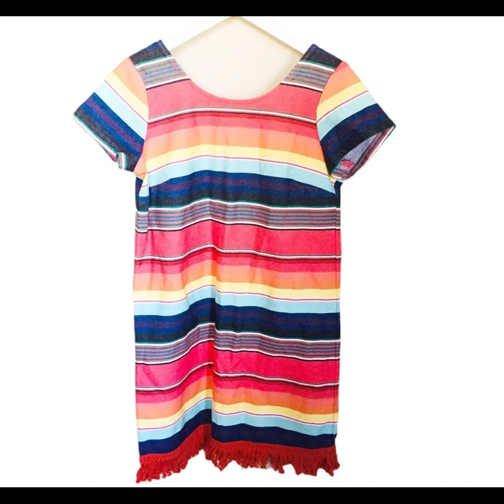 NWT UNCLE FRANK (Anthro) Weekend Stripe Cotton Dress With Fringe Trim Red Small - Picture 5 of 13